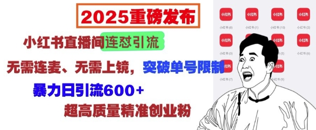 2025重磅发布：小红书直播间连怼引流，无需连麦、无需上镜，突破单号限制，暴力日引流600+-朽念云创