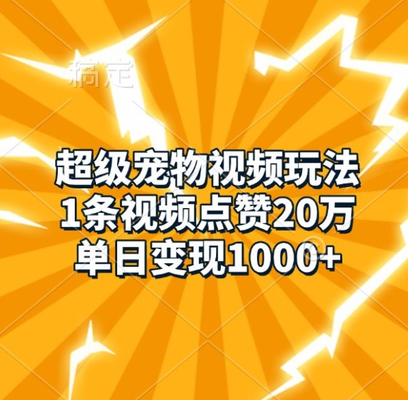 超级宠物视频玩法，1条视频点赞20万，单日变现1k-朽念云创