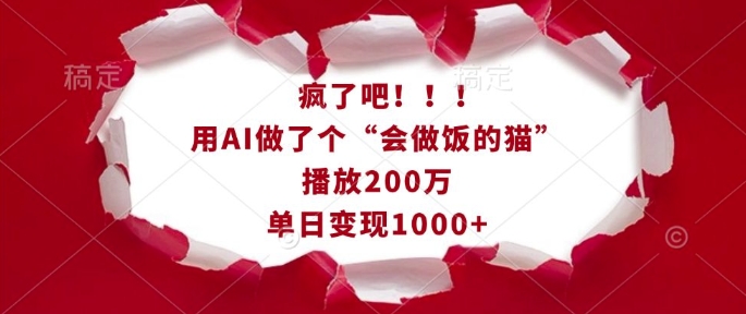 疯了吧！用AI做了个“会做饭的猫”，播放200万，单日变现1k-朽念云创