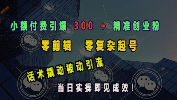 小额付费引爆 300 + 精准创业粉，零剪辑、零复杂起号，话术撬动被动引流，当日实操即见成效-朽念云创